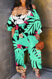 Casual Tropical Print Off Shoulder Long Sleeve Regular Vacation Harem Leg Jumpsuits
