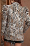 Formal Plaid Print Turn-back Collar Puff Sleeve Office Lady Cardigan Blazer Jackets