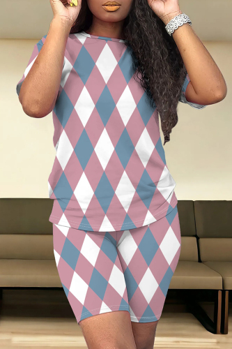 Casual Colorblock Print O Neck Short Sleeve Oversize T-Shirt And Shorts Two Pieces Shorts Sets