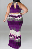 Formal Tie Dye Print Sleeveless O Neck Hollow Out Long Mermaid Hem Evening Party Plus Size Bodycon Maxi Dress
