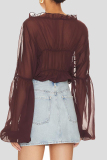 Formal See-Through V Neck Long Sleeve Ruffle Trim Vacation Ruched Chiffon Blouse