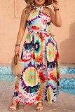 Casual Tie Dye Print Sleeveless Backless Belted Cinch Waist Long Vacation Plus Size Halter Pleated Maxi Dresses