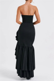 Sleeveless Backless Strapless Ruffle Trim Formal Evening Party Wedding Side Slit Tube Bodycon Maxi Dress
