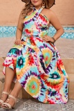Casual Tie Dye Print Sleeveless Backless Belted Cinch Waist Long Vacation Plus Size Halter Pleated Maxi Dresses