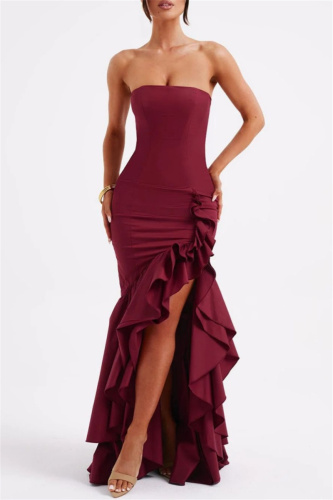 Sleeveless Backless Strapless Ruffle Trim Formal Evening Party Wedding Side Slit Tube Bodycon Maxi Dress