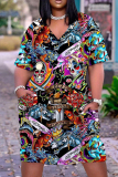 Casual Graphics Print Basic V Neck Short Sleeve Loose Pockets Midi T-Shirt Dress