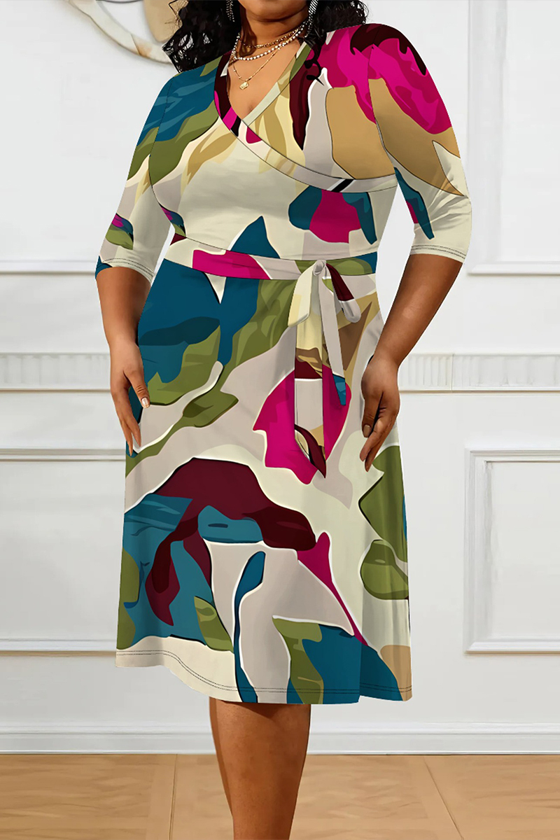 Plus Size A-Line Loose Pockets Striped V-Neck Midi Dress main image 1