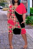 Casual Graphics Print Basic V Neck Short Sleeve Loose Pockets Midi T-Shirt Dress
