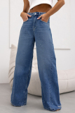 Casual Gradient Color High Waist Pocket Loose Wide Leg Ripped Denim Jeans