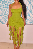 Sleeveless Backless Fringed Trim Wrapped Skirt Formal Evening Party Halter Bodycon Mini Dresses