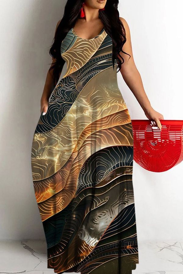 Sexy Graphics Print Backless Spaghetti Strap Floor Length Vacation Baggy Sundress Slip Maxi Dress