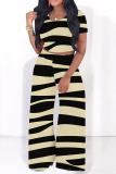 Casual Graphics Print O Neck Short Sleeve Pocket Crop T-Shirt And Wide Leg Pants Vacation Two Pieces Trouser Sets