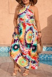 Casual Tie Dye Print Sleeveless Backless Belted Cinch Waist Long Vacation Plus Size Halter Pleated Maxi Dresses