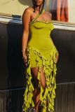 Sleeveless Backless Fringed Trim Wrapped Skirt Formal Evening Party Halter Bodycon Mini Dresses