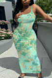 Sleeveless Casual Floral Print Backless Spaghetti Strap Long Bodycon Maxi Slip Dress