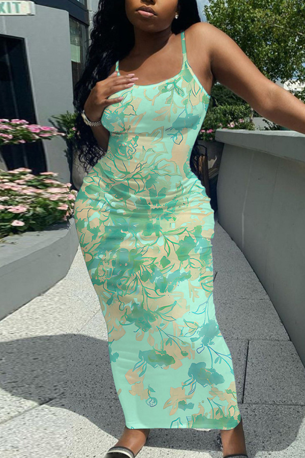 Sleeveless Casual Floral Print Backless Spaghetti Strap Long Bodycon Maxi Slip Dress