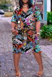 Casual Graphics Print Basic V Neck Short Sleeve Loose Pockets Midi T-Shirt Dress