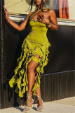 Sleeveless Backless Fringed Trim Wrapped Skirt Formal Evening Party Halter Bodycon Mini Dresses