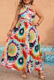 Casual Tie Dye Print Sleeveless Backless Belted Cinch Waist Long Vacation Plus Size Halter Pleated Maxi Dresses