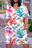 Casual Graphics Print Basic V Neck Short Sleeve Loose Pockets Midi T-Shirt Dress