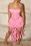 Sleeveless Backless Fringed Trim Wrapped Skirt Formal Evening Party Halter Bodycon Mini Dresses