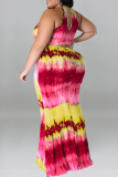Formal Tie Dye Print Sleeveless O Neck Hollow Out Long Mermaid Hem Evening Party Plus Size Bodycon Maxi Dress