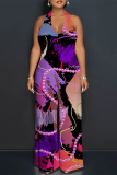 Casual Gradient Chain print Lace Up Backless Contrast Halter Loose Straight Leg Jumpsuits