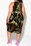 Casual Geometric Print Camouflage Print Contrast V Neck Sleeveless Lantern Skirt Plus Size Midi Dresses