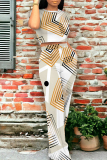 Casual Geometric Print Pocket Contrast O Neck Short Sleeve Tops and Straight Pants Matching Sets Two Pieces