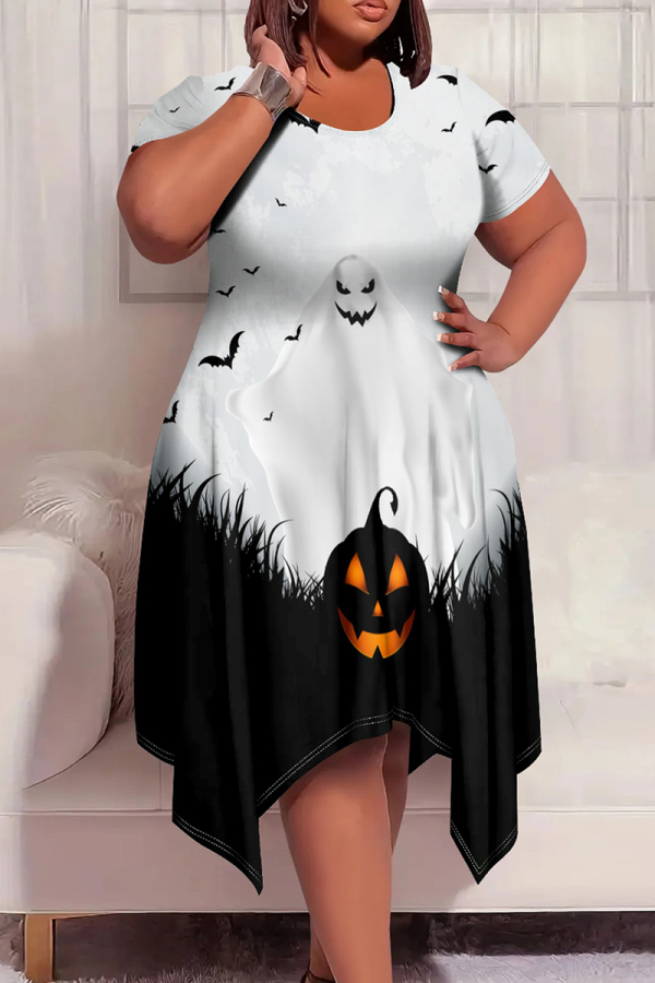 Halloween Casual Elegant Print Patchwork Round Neck Short Sleeve Irregular Hem Plus Size Midi Dresses