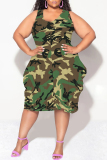 Casual Leaf Print Camouflage Print Contrast V Neck Sleeveless Lantern Skirt Plus Size Midi Dresses