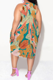Casual Leaf Print Camouflage Print Contrast V Neck Sleeveless Lantern Skirt Plus Size Midi Dresses