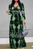 Casual Elegant Geometric Print Lace Up Belted Contrast Long Sleeve V Neck Swing Maxi Dresses