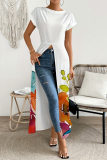 Casual Street Floral Print Slit Round Neck Short SleeveT-Shirts Long Tops