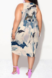 Casual Geometric Print Camouflage Print Contrast V Neck Sleeveless Lantern Skirt Plus Size Midi Dresses