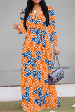 Casual Elegant Geometric Print Lace Up Belted Contrast Long Sleeve V Neck Swing Maxi Dresses