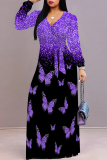 Elegant Butterfly Camouflage Print Lace Up Contrast V Neck Long Sleeve Maxi Swing Dresses