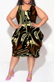 Casual Geometric Print Camouflage Print Contrast V Neck Sleeveless Lantern Skirt Plus Size Midi Dresses