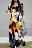 Casual Elegant Geometric Print Lace Up Belted Contrast Long Sleeve V Neck Swing Maxi Dresses