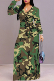 Elegant Butterfly Camouflage Print Lace Up Contrast V Neck Long Sleeve Maxi Swing Dresses