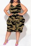 Casual Geometric Print Camouflage Print Contrast V Neck Sleeveless Lantern Skirt Plus Size Midi Dresses