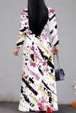 Casual Elegant Geometric Print Lace Up Belted Contrast Long Sleeve V Neck Swing Maxi Dresses