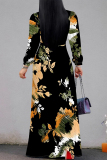 Elegant Butterfly Camouflage Print Lace Up Contrast V Neck Long Sleeve Maxi Swing Dresses