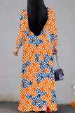 Casual Elegant Geometric Print Lace Up Belted Contrast Long Sleeve V Neck Swing Maxi Dresses