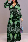 Casual Elegant Geometric Print Lace Up Belted Contrast Long Sleeve V Neck Swing Maxi Dresses