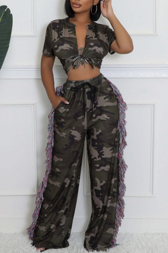 Casual Camouflage Print Fringed Trim Draw String Pocket V Neck Short Sleeve Crop Tops And Tassel Wide Leg Pants Sets Two Pieces