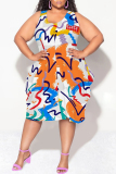 Casual Leaf Print Camouflage Print Contrast V Neck Sleeveless Lantern Skirt Plus Size Midi Dresses