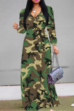 Elegant Butterfly Camouflage Print Lace Up Contrast V Neck Long Sleeve Maxi Swing Dresses