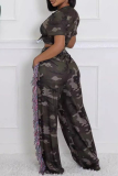 Casual Camouflage Print Fringed Trim Draw String Pocket V Neck Short Sleeve Crop Tops And Tassel Wide Leg Pants Sets Two Pieces