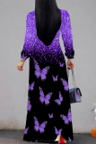 Elegant Butterfly Camouflage Print Lace Up Contrast V Neck Long Sleeve Maxi Swing Dresses